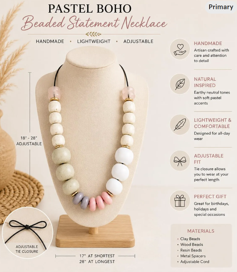 Handmade Chunky Beaded Statement Necklace: Pastel Boho Coastal Jewelry – Adjustable Cord