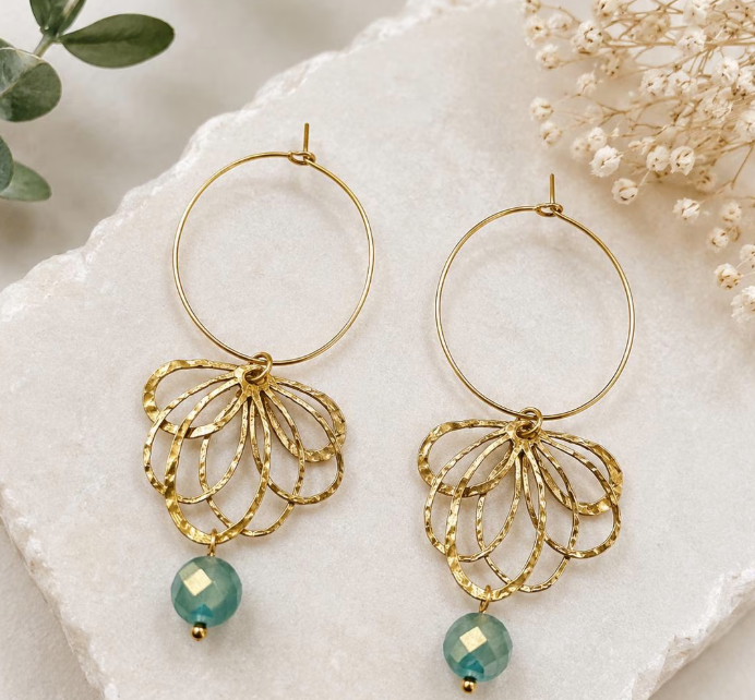 Boho Gold Hoop Earrings with Teal Turquoise Bead | Lightweight Statement Earrings | Elegant Dangle Earrings | Modern Bohemian Jewelry Gift for Her