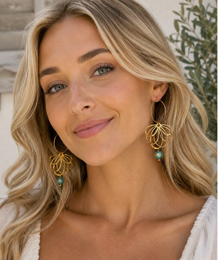 Boho Gold Hoop Earrings with Teal Turquoise Bead | Lightweight Statement Earrings | Elegant Dangle Earrings | Modern Bohemian Jewelry Gift for Her