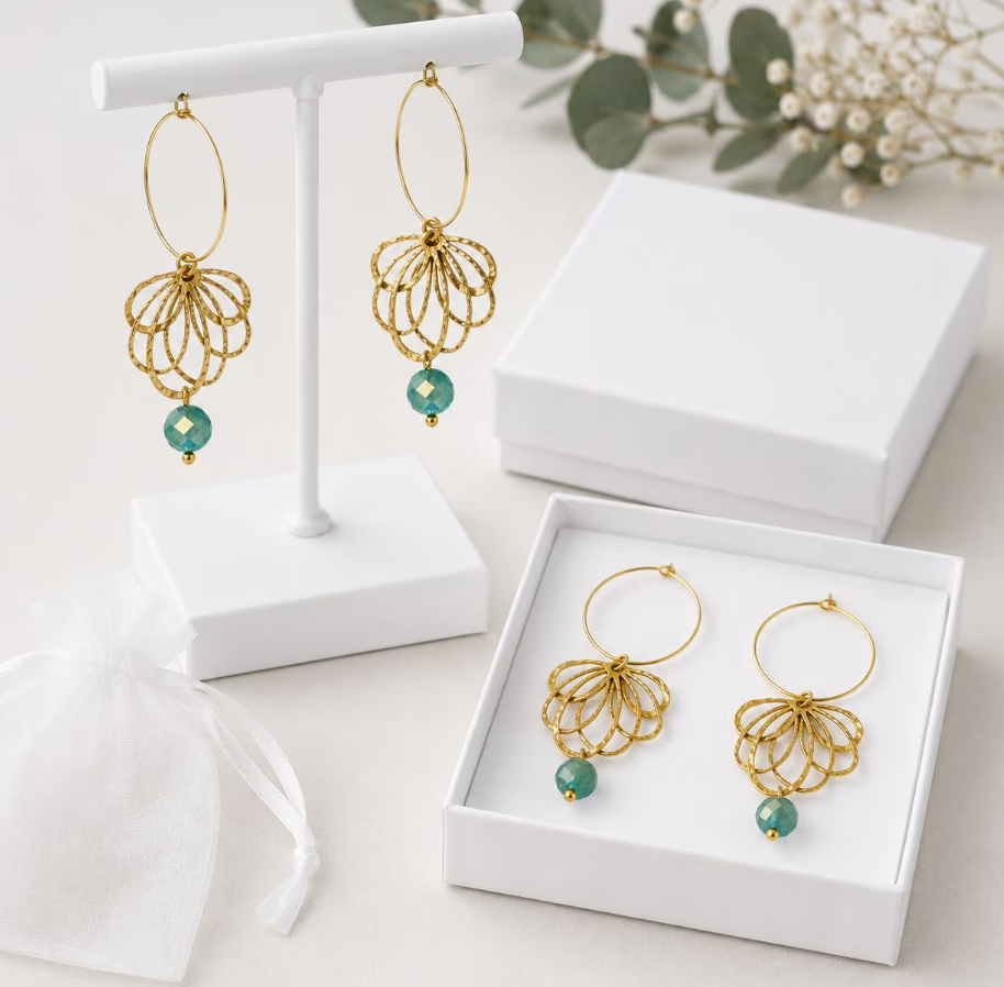 Boho Gold Hoop Earrings with Teal Turquoise Bead | Lightweight Statement Earrings | Elegant Dangle Earrings | Modern Bohemian Jewelry Gift for Her