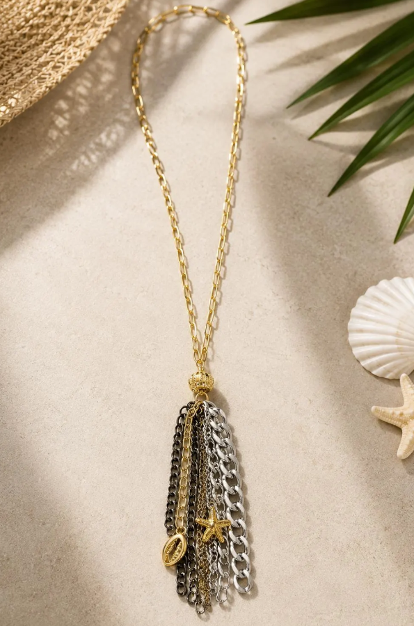 Coastal Mixed Metal Tassel Necklace | Layered Boho Beach Charm Statement Jewelry