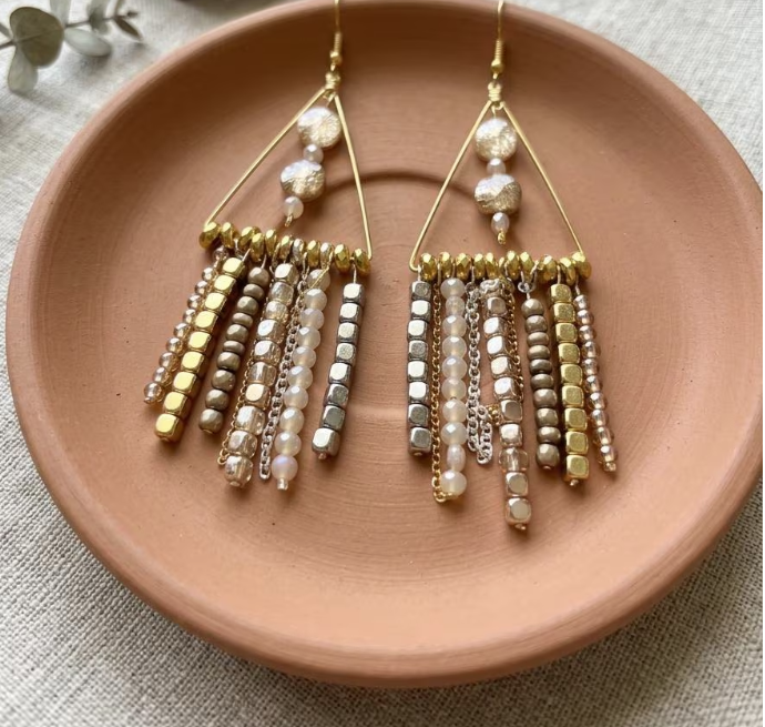 Mixed Metal Triangle Chandelier Earrings, Boho Fringe Dangle with Gold and Silver Cube Beads, Statement Geometric Jewelry, Gift for her