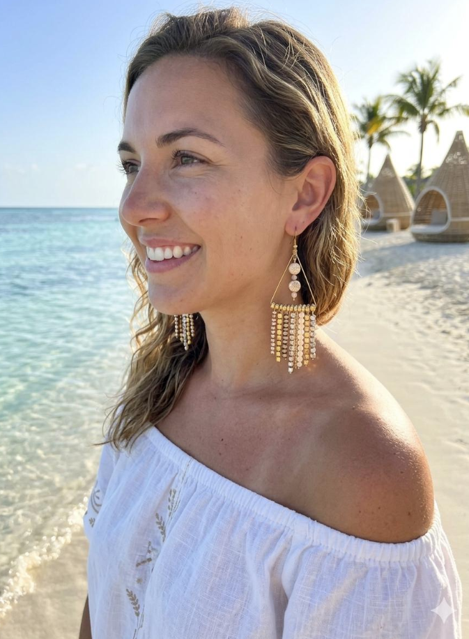 Mixed Metal Triangle Chandelier Earrings, Boho Fringe Dangle with Gold and Silver Cube Beads, Statement Geometric Jewelry, Gift for her