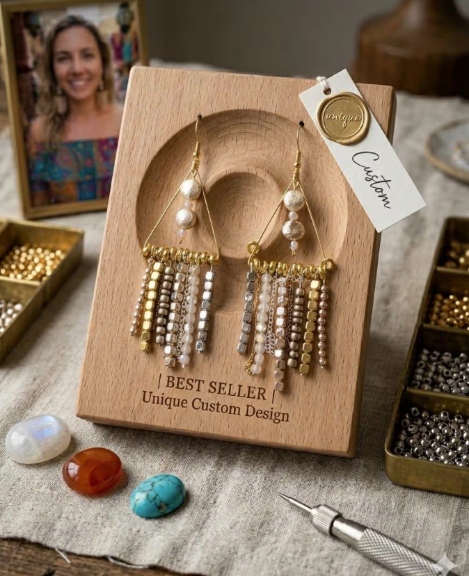 Mixed Metal Triangle Chandelier Earrings, Boho Fringe Dangle with Gold and Silver Cube Beads, Statement Geometric Jewelry, Gift for her