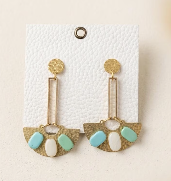 Boho Hammered Brass Fan Earrings with Turquoise, Blue and White Accents | Geometric Statement Jewelry | Handmade Modern Tribal Dangles | Gift for