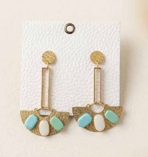 Boho Hammered Brass Fan Earrings with Turquoise, Blue and White Accents | Geometric Statement Jewelry | Handmade Modern Tribal Dangles | Gift for