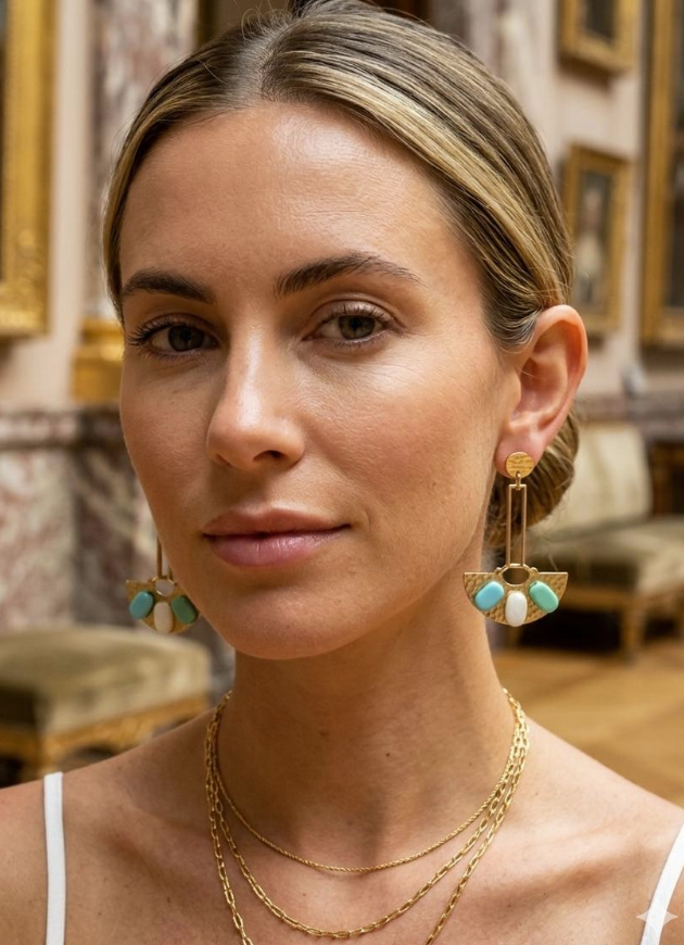 Boho Hammered Brass Fan Earrings with Turquoise, Blue and White Accents | Geometric Statement Jewelry | Handmade Modern Tribal Dangles | Gift for
