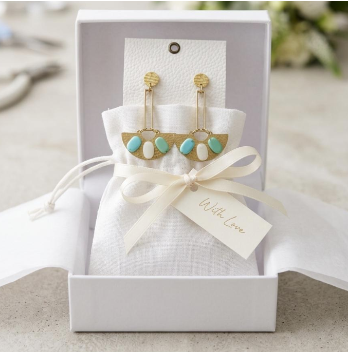 Boho Hammered Brass Fan Earrings with Turquoise, Blue and White Accents | Geometric Statement Jewelry | Handmade Modern Tribal Dangles | Gift for