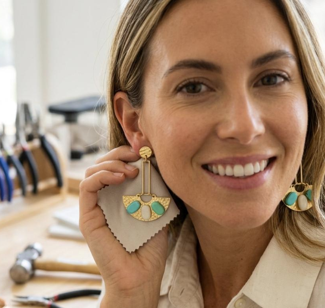 Boho Hammered Brass Fan Earrings with Turquoise, Blue and White Accents | Geometric Statement Jewelry | Handmade Modern Tribal Dangles | Gift for