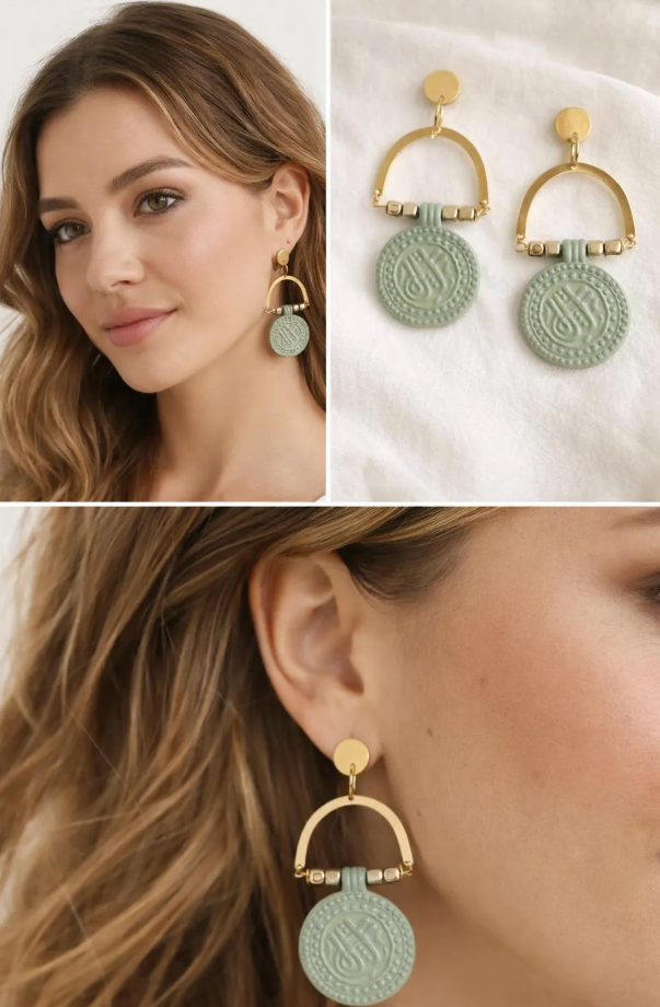 Boho Arch Earrings, Turquoise Green Statement Earrings, Lightweight Clay Dangle Earrings, Gold Geometric Earrings, Gift for Her Jewelry