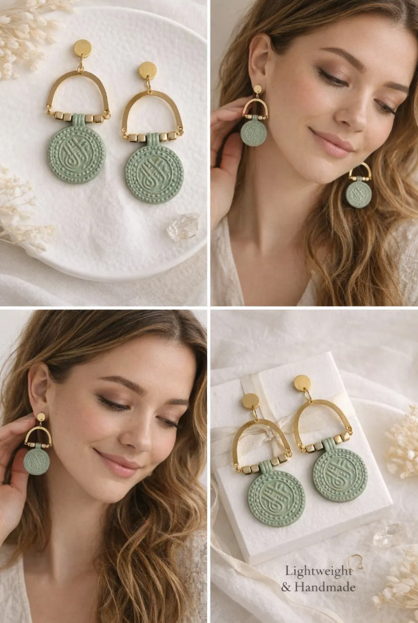 Boho Arch Earrings, Turquoise Green Statement Earrings, Lightweight Clay Dangle Earrings, Gold Geometric Earrings, Gift for Her Jewelry