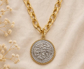 Large Gold Floral Coin Medallion Necklace Vintage Inspired Chunky Chain Statement Jewelry