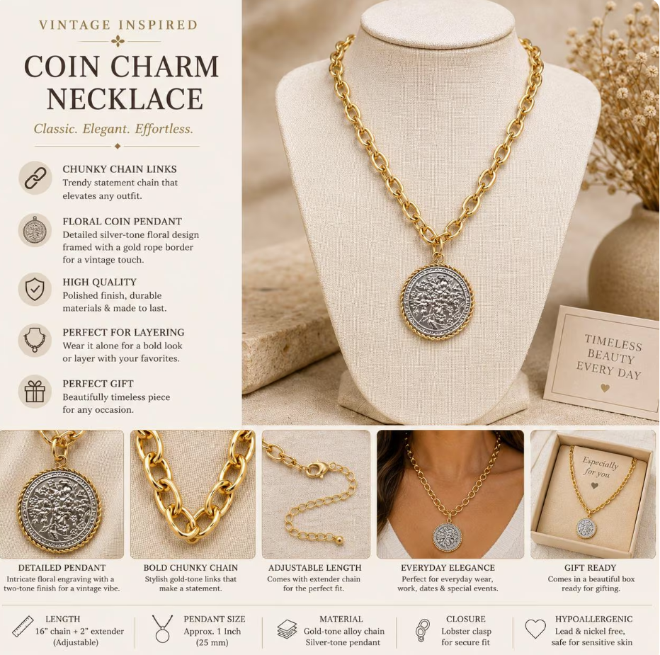Large Gold Floral Coin Medallion Necklace Vintage Inspired Chunky Chain Statement Jewelry