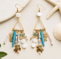 Beachy Turtle Charm Statement Earrings | Coastal Boho Earrings | Turquoise Shell & Starfish Earrings | Handmade Ocean Inspired Jewelry Gifts