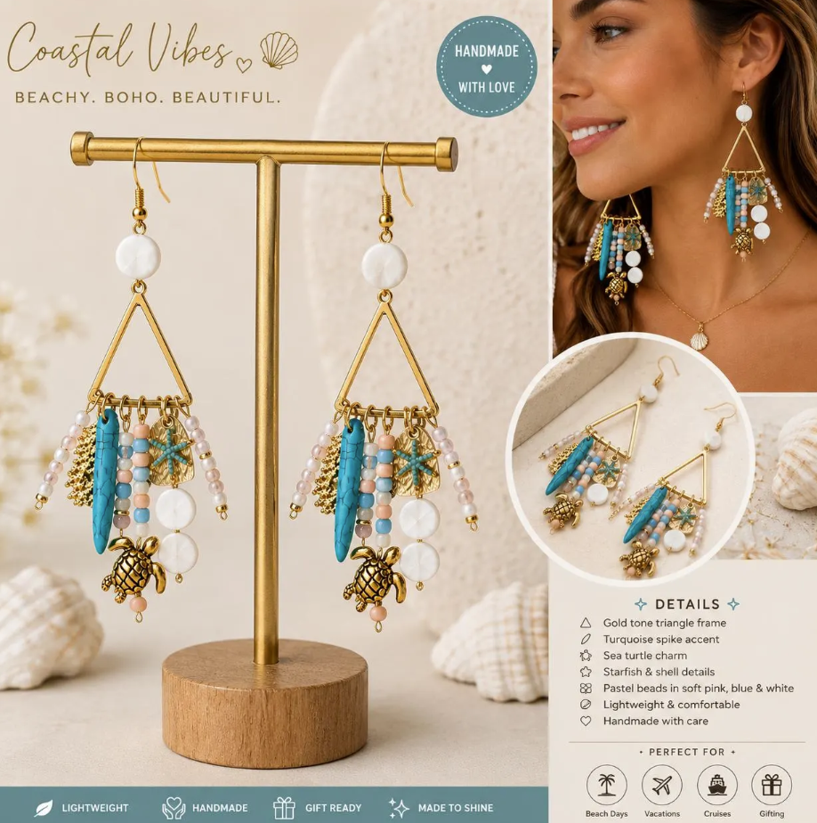 Beachy Turtle Charm Statement Earrings | Coastal Boho Earrings | Turquoise Shell & Starfish Earrings | Handmade Ocean Inspired Jewelry Gifts