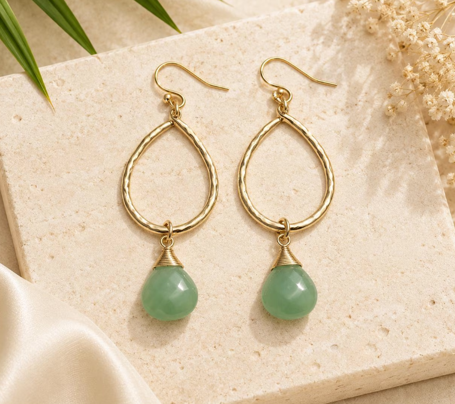 Green Gemstone Teardrop Earrings | Gold Hoop Dangle Earrings | Minimalist Boho Earrings | Lightweight Everyday Jewelry | Sage Green Earrings