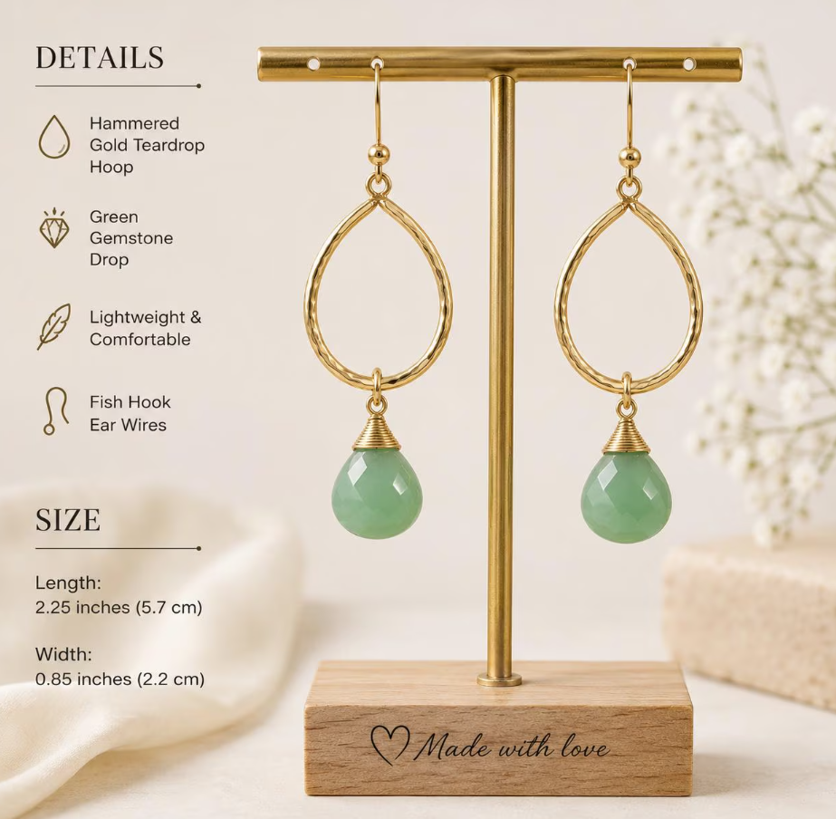 Green Gemstone Teardrop Earrings | Gold Hoop Dangle Earrings | Minimalist Boho Earrings | Lightweight Everyday Jewelry | Sage Green Earrings