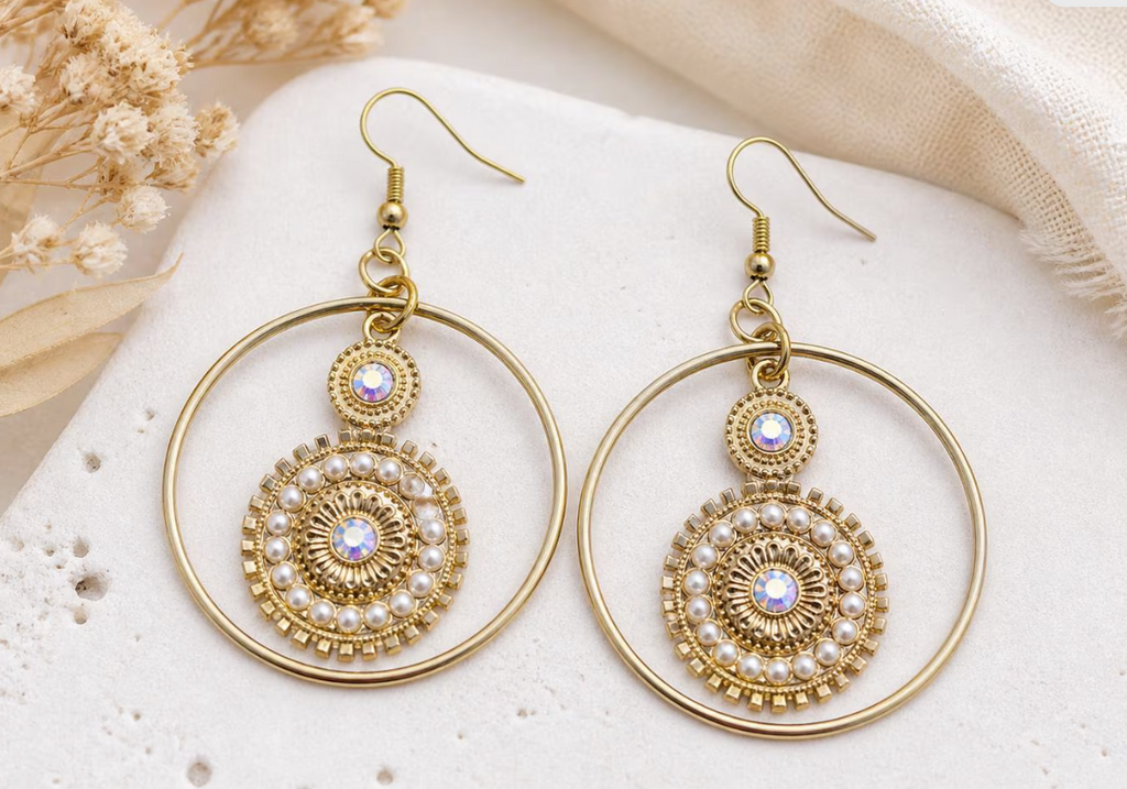 Gold Hoop Dangle Earrings with Crystal & Pearl Center | Boho Glam Statement Jewelry