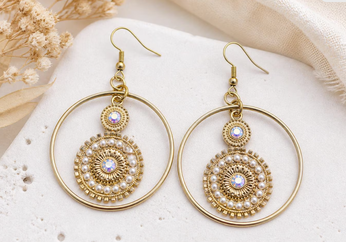 Gold Hoop Dangle Earrings with Crystal & Pearl Center | Boho Glam Statement Jewelry