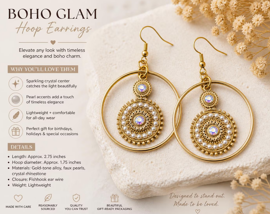Gold Hoop Dangle Earrings with Crystal & Pearl Center | Boho Glam Statement Jewelry