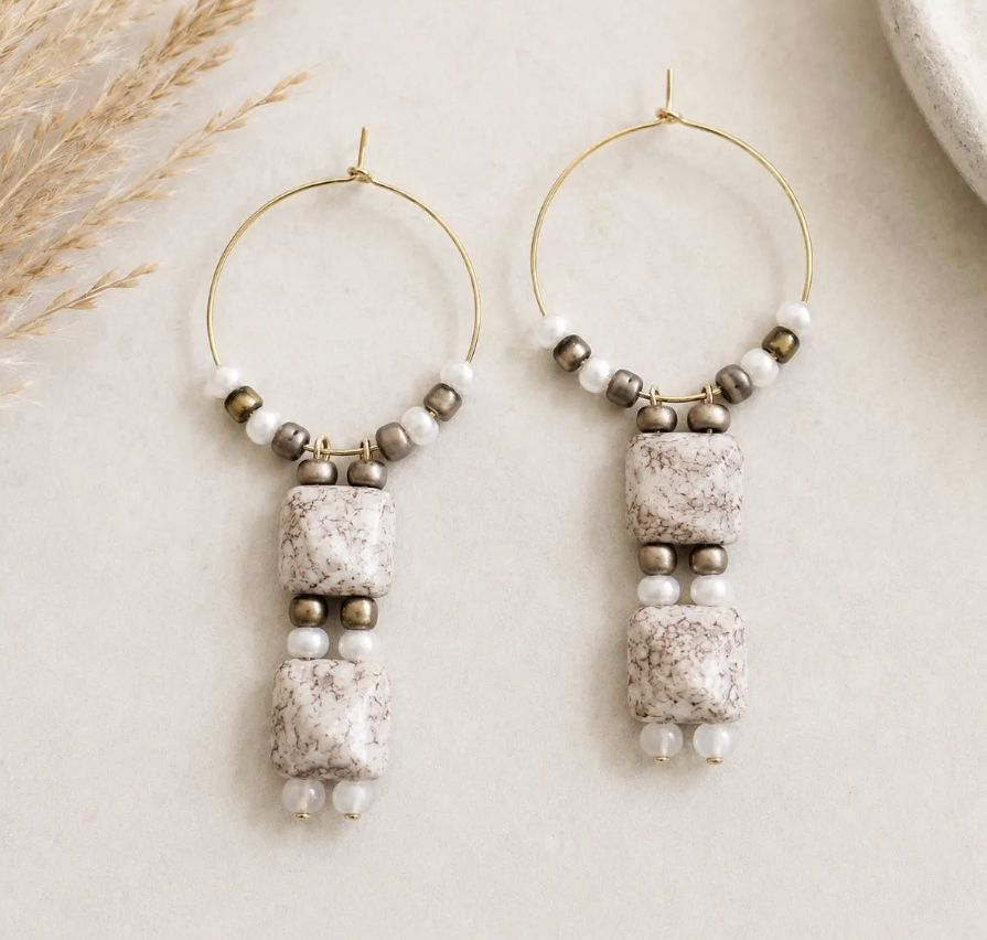 Neutral Stone Hoop Earrings,  Minimalist Beaded Hoop Earrings  Lightweight Boho Earrings  Everyday Statement Jewelry gift for her dangles