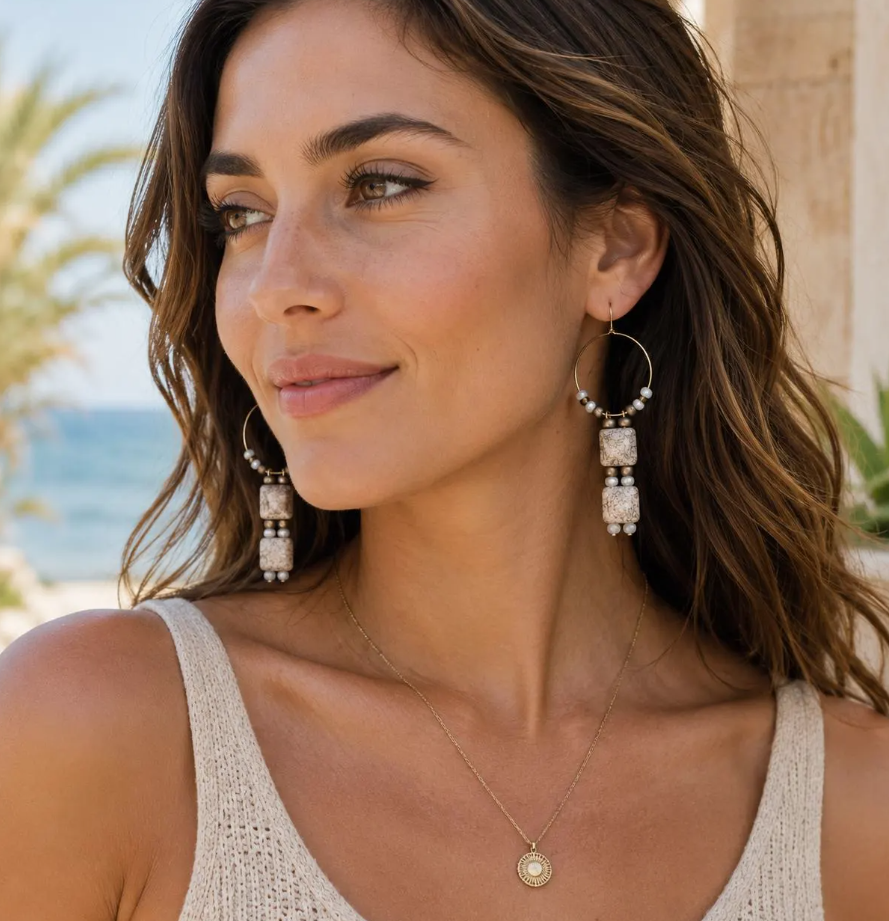 Neutral Stone Hoop Earrings,  Minimalist Beaded Hoop Earrings  Lightweight Boho Earrings  Everyday Statement Jewelry gift for her dangles
