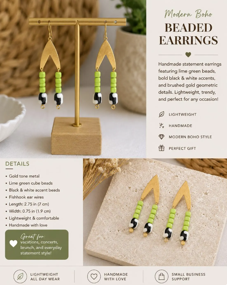 Modern Boho Beaded Earrings | Lime Green Statement Earrings | Geometric Gold Earrings | Lightweight Handmade Earrings | Trendy Boutique