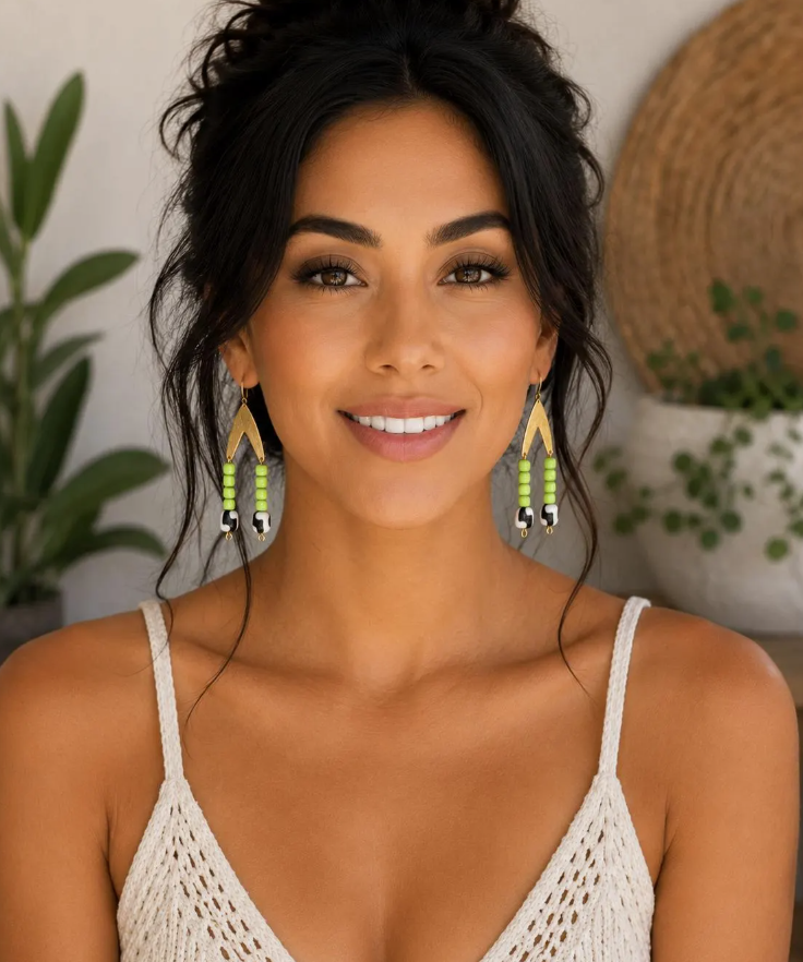 Modern Boho Beaded Earrings | Lime Green Statement Earrings | Geometric Gold Earrings | Lightweight Handmade Earrings | Trendy Boutique