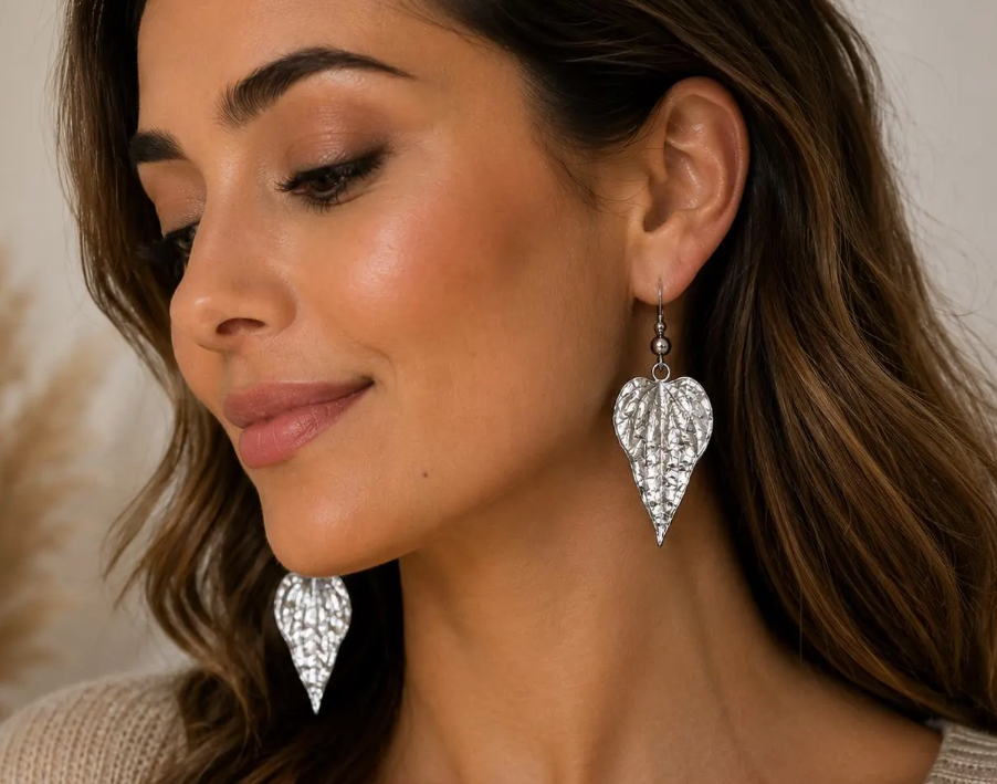 Silver Leaf Dangle Earrings | Lightweight Botanical Statement Earrings | Nature Inspired Boho Jewelry | Handmade Everyday Earrings gifts