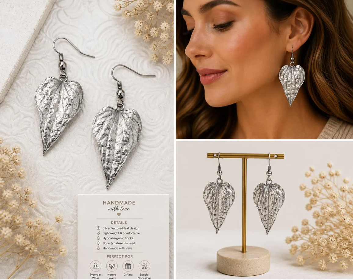 Silver Leaf Dangle Earrings | Lightweight Botanical Statement Earrings | Nature Inspired Boho Jewelry | Handmade Everyday Earrings gifts