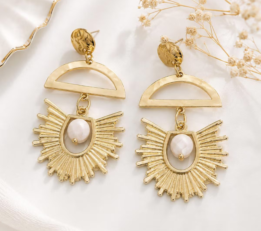 Gold Pink or Turqouise Sunburst Statement Earrings | White Stone Boho Earrings Geometric Gold Dangle Earrings | Lightweight Boutique Jewelry Gift for Her
