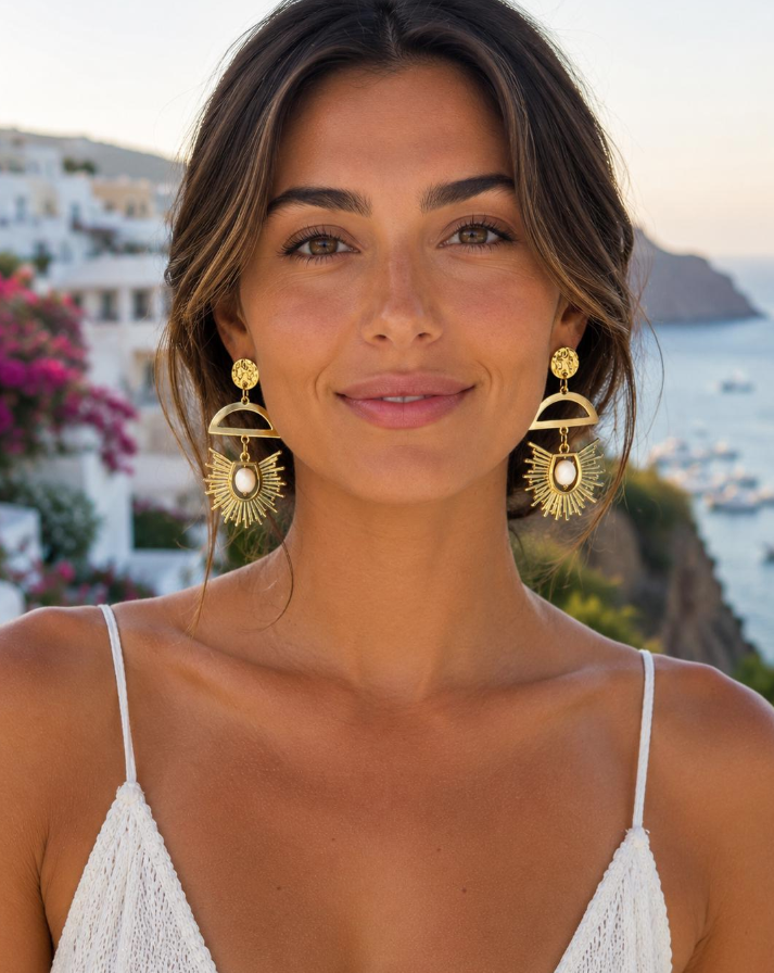 Gold Pink or Turqouise Sunburst Statement Earrings | White Stone Boho Earrings Geometric Gold Dangle Earrings | Lightweight Boutique Jewelry Gift for Her