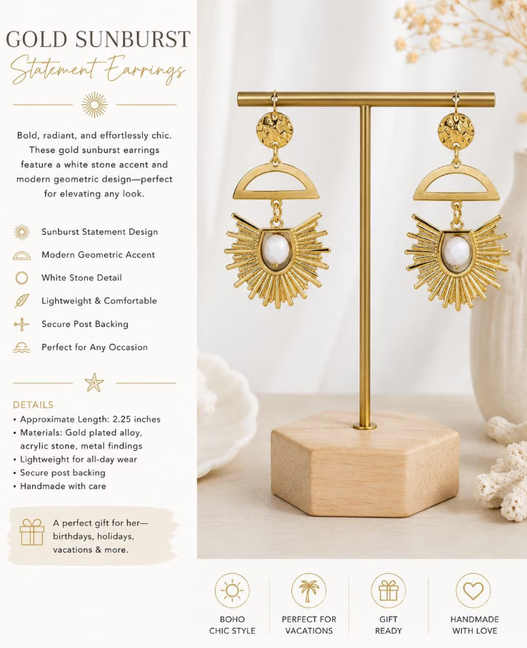 Gold Pink or Turqouise Sunburst Statement Earrings | White Stone Boho Earrings Geometric Gold Dangle Earrings | Lightweight Boutique Jewelry Gift for Her