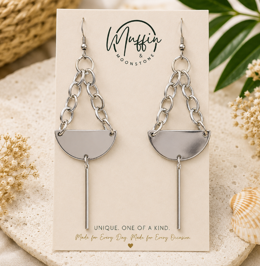 Silver Geometric Statement Earrings, Modern Chain Dangle Earrings Minimalist Metal Contemporary Boho Jewelry Lightweight Gift for Her